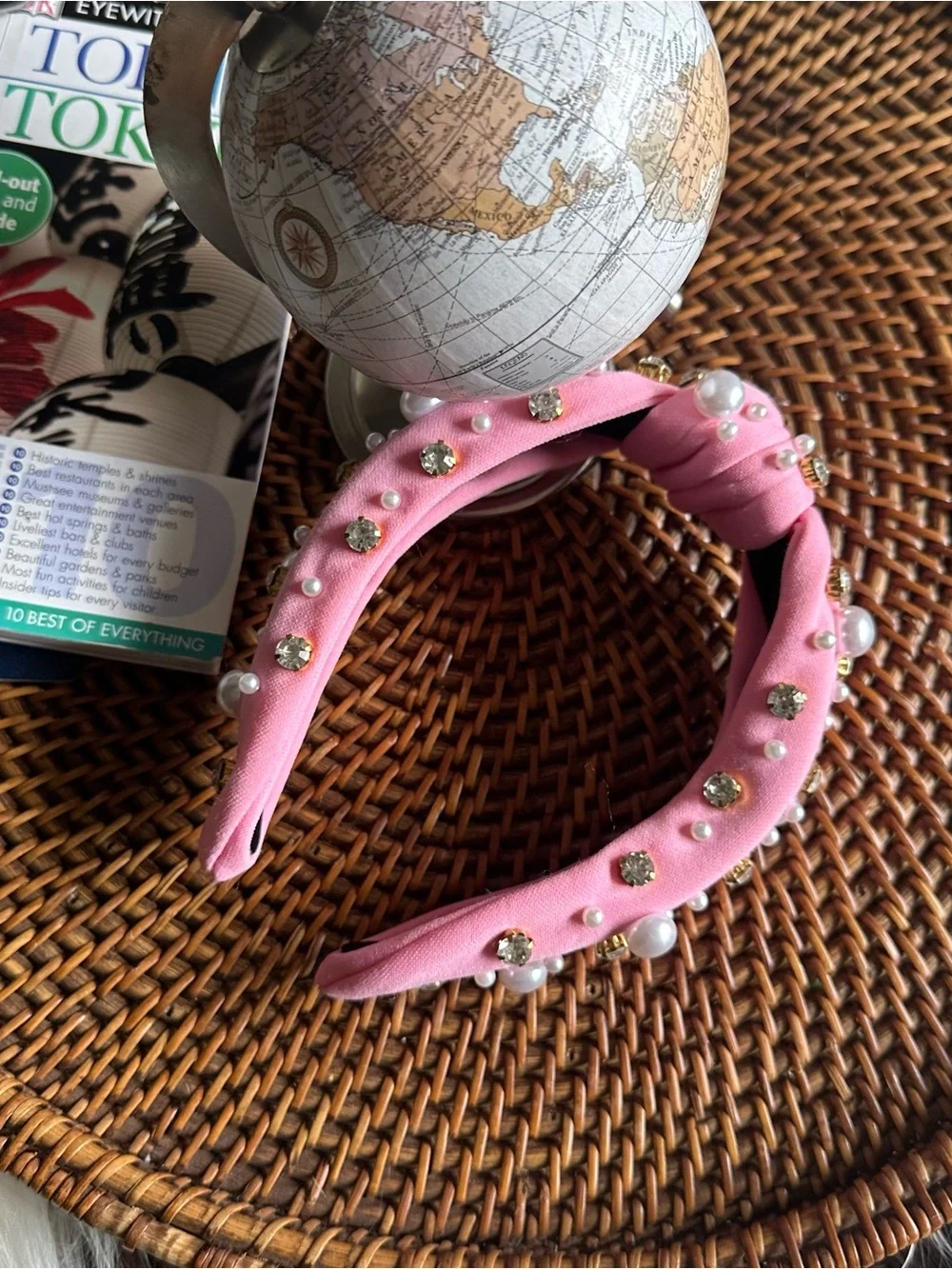Embellished Knotted Pink Headband with Pearls and Rhinestones